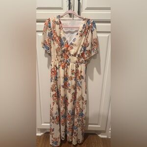 Floral Maxi Dress - Cream with Red and Blue Accents